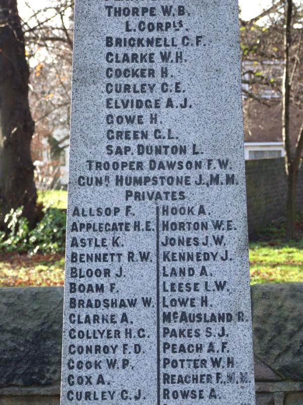 The War Memorial outside St.Paul's Church, Derby (Chester Green) with the Curley brothers names on it.