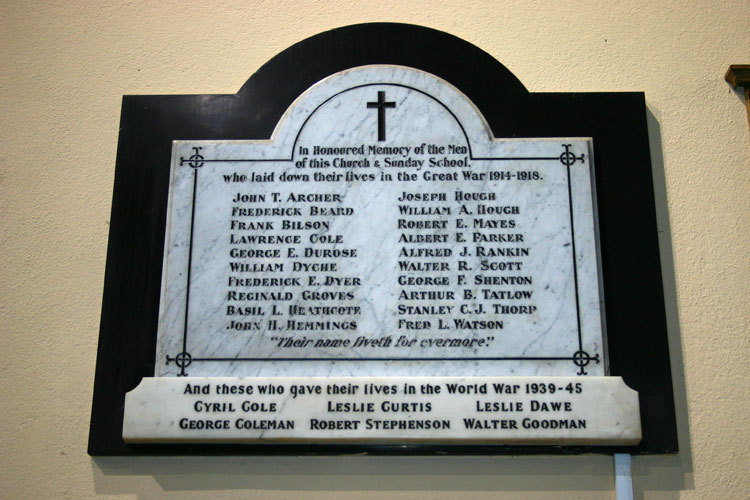 The War Memorial Plaque in the Pear Tree Road Baptist Church, Derby