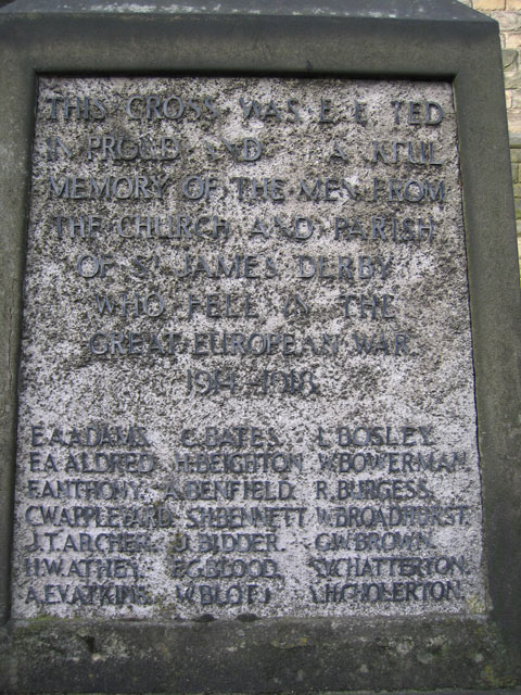 The War Memorial outside St. James's Church, Derby (Malcolm Street) with Pte Burgess's Name On It.