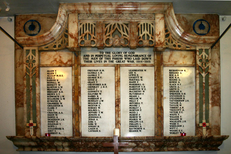 The War Memorial inside St. John's Church, Derby (Bridge Street).