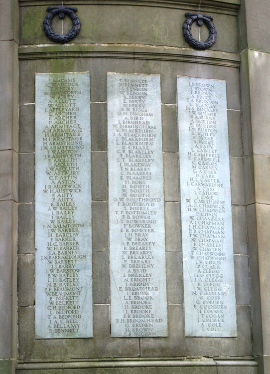 Names "A" - "C" on on the Dewsbury War Memorial in Crow Nest Park