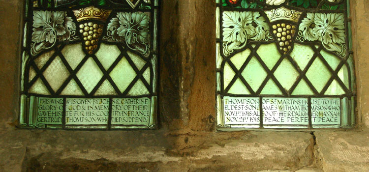 The Commemoration on the Memorial Window to James Witham Thompson of the Royal Field Artillery who died on 1 November 1918, and his sister Gertrude who died on 21 November 1918.