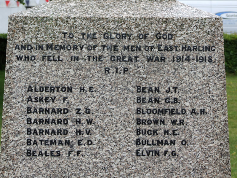 The Dedication and Names on the War Memorial for East Harling, Norfolk