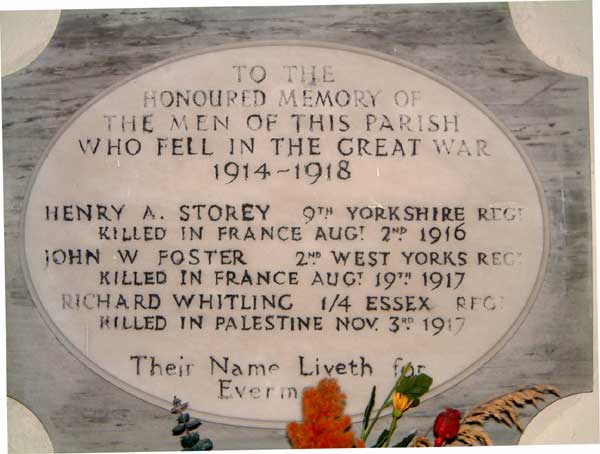 The Memorial in St. Oswald's Church, East Hauxwell.