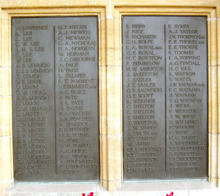 Names "L" - "Y" on the Ely (Cambs) War Memorial.