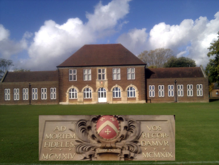 Felsted School War Memorial Block, opened 1924, with a detail of the memorial stone inset.