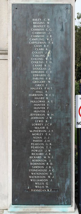 Second World War Names Commemorated on the Filey War Memorial