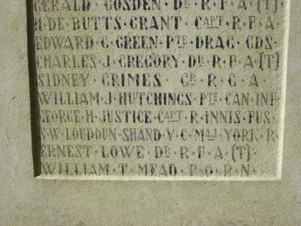 The panel which carries Major Loudon-Shand's name on the War Memorial outside All Saints' Church, Freshwater (Isle of Wight)