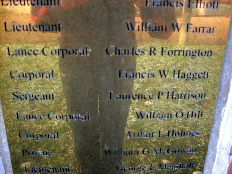 Serjeant Harrison's name on the War Memorial for Queen Elizabeh's High School, Gainsborough