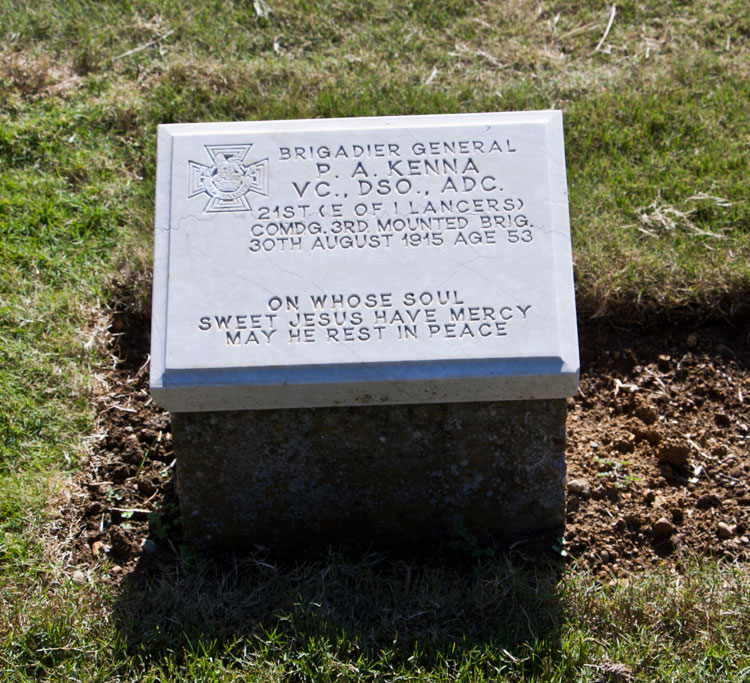 The headstone for Brigadier General Kenna, VC, DSO, ADC in Lala Baba Cemetery