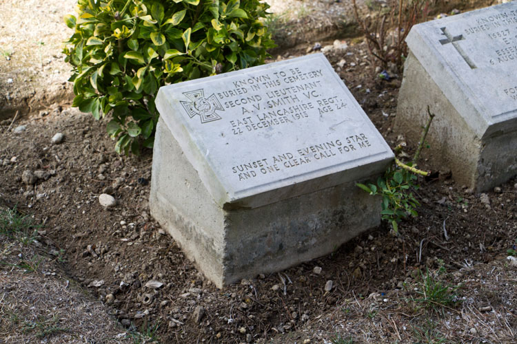 The headstone for Lieutenant Smith, VC, in Twelve Tree Copse Cemetery