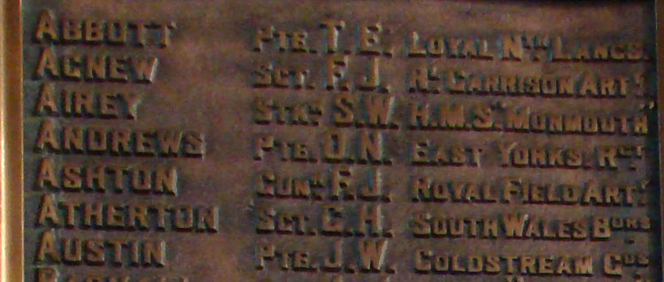 Private Andrews' Name on the War Memorial in St. Michael's Church, Garston (Liverpool)