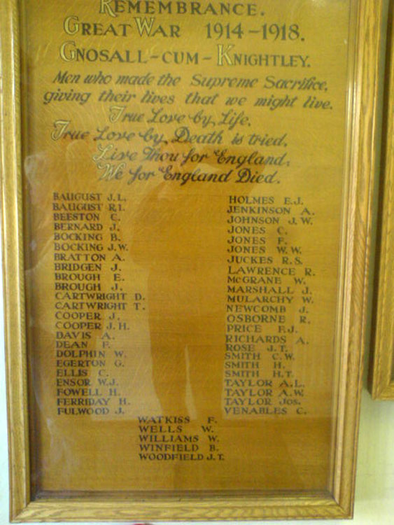 The First World War Memorial Plaque in the Gnosall Memorial Village Hall