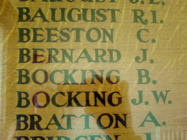 The Bocking Brothers names on the First World War Memorial Plaque in the Gnosall Memorial Village Hall