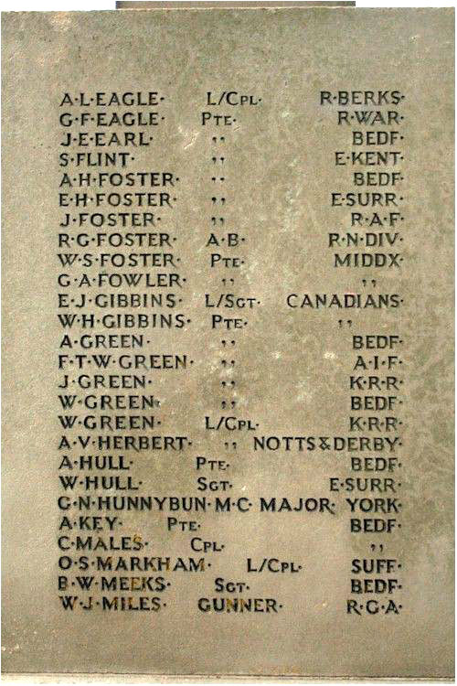 Major Hunnybun's Name on the Godmanchester War Memorial