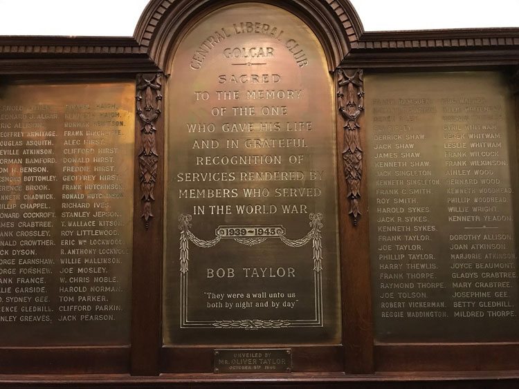 The Second World War Memorial in the Golcar Central Liberal Club