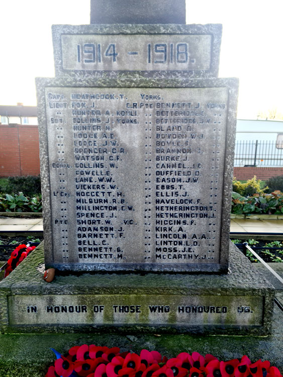 Yorkshire Regiment Names on the Grangetown War Memorial