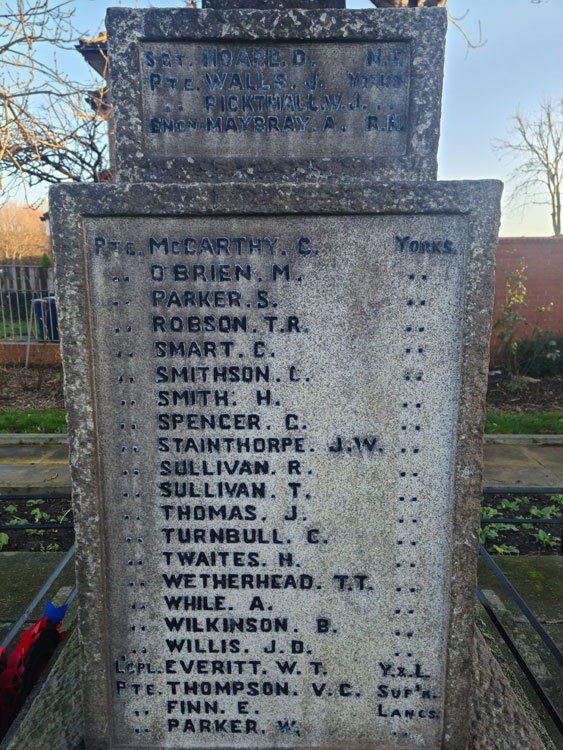 Further Yorkshire Regiment Names on the Grangetown War Memorial