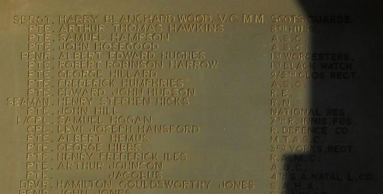 Private Hibbs' Name on the Screen Wall in Bristol (Arnos Vale) Cemetery