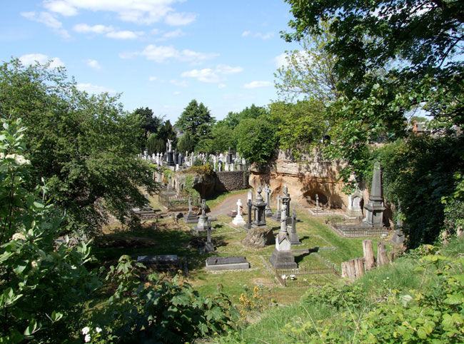 A general view of Nottingham Church Cemetery showing some of the natural sandstone formations.