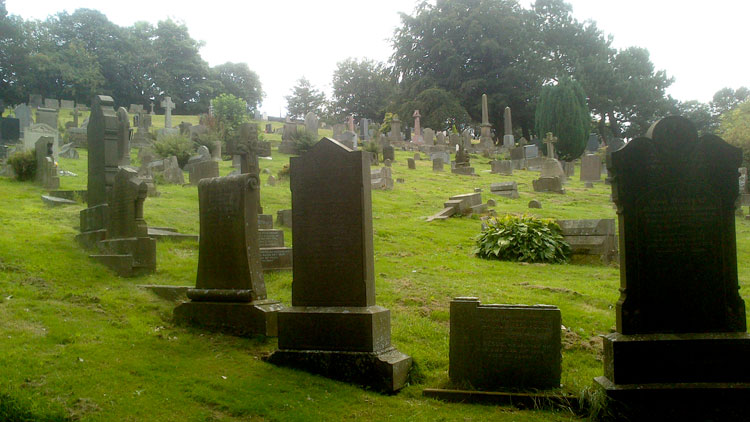 Haworth Cemetery and Private Reddihough's headstone (second on the right, foreground)