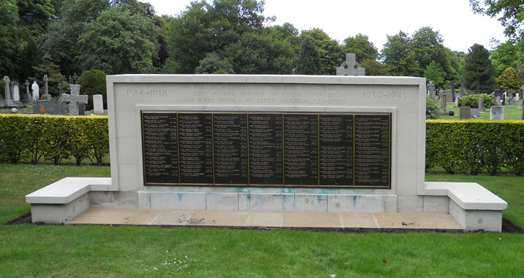 The screen wall in Leeds (Lawnswood) Cemetery commemorating those who were buried in the Leeds Geberal Cemetery. This includes the commemoriation of one soldier who served in the Yorkshire Regiment.