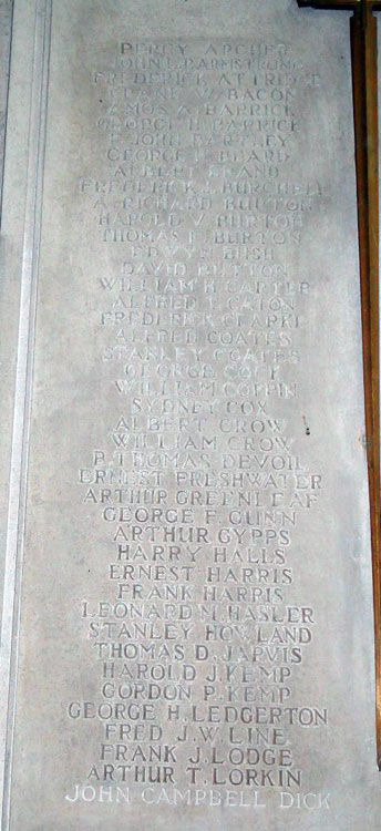 Private Archer's Name on the War Memorial in St. Mary's Church, Great Dunmow . 