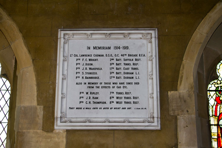 The First World War Memorial in St. Eloy's Church, Great Smeaton