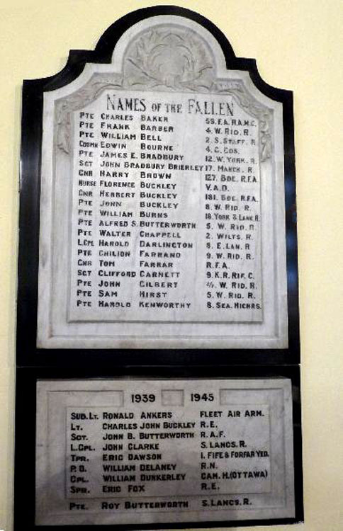 The War Memorial for Greenfield (Saddleworth) in St. Mary's Church, - Names "A" - "K" for WW1 and all WW2