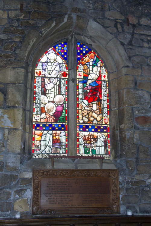 The First World War Memorial Window, with the Memorial Plaque, in the Church of St. Mary Magdalene, Hart