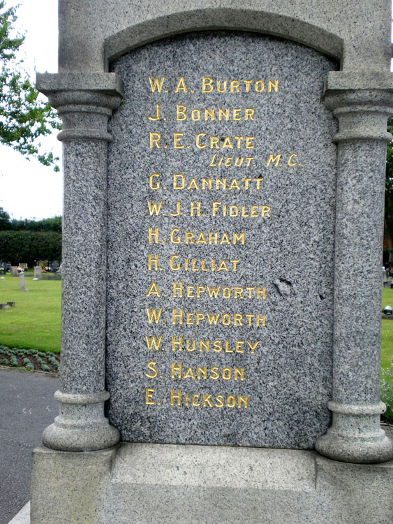 Lieutenant Edwards-Crate's Name on The War Memorial for Hatfield in the Entrance to Hatfield Woodhose Cemetery 