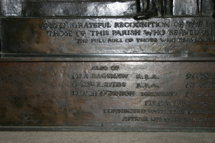 Lieutenant Hodgkinson's name on the War Memorial in the Church of St. Michael and All Angels, Hathersage (Derbyshire)