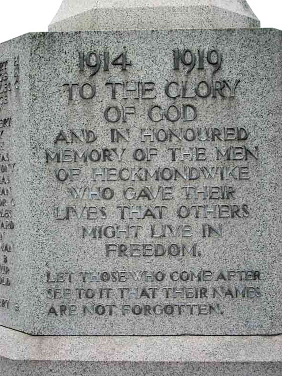 The First World War Dedication on the Heckmondwike War Memorial