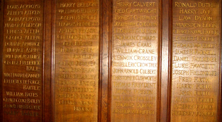 The Names of Ernest Allen, Charles and Thomas Exley on the main memorial, St. James' Church, Heckmondwike.