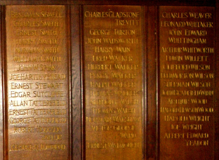 The Names of Smith, Turton, Wilson & Walshaw on the main memorial, St. James' Church, Heckmondwike.