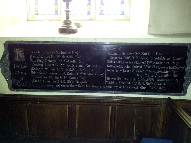 The First World War Memorial in St. Mary's Church, Helmingham (Suffolk)