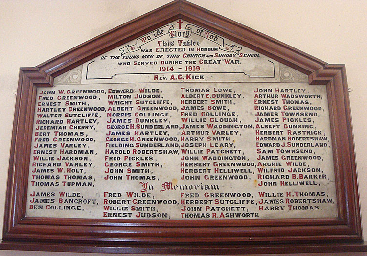 The Memorial in the Wesleyan Methodist Church, Heptonstall (Hebden Bridge)