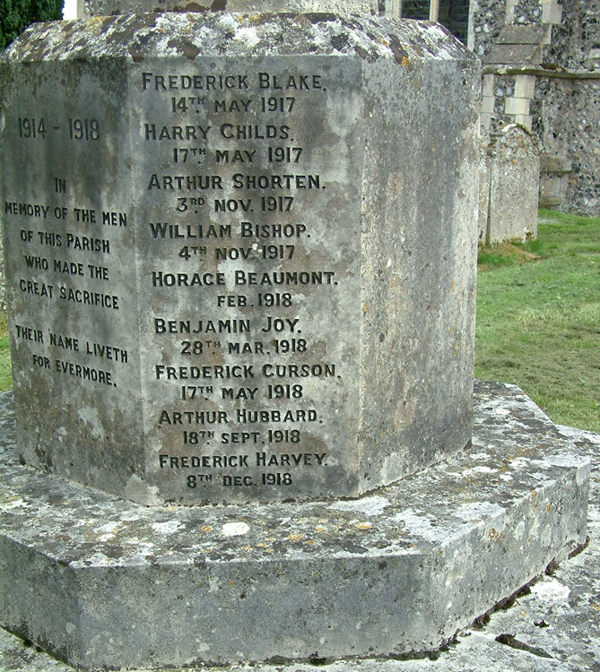 Detail of the War Memorial, - Hethersett, Norfolk (Private Blake's name, top). 