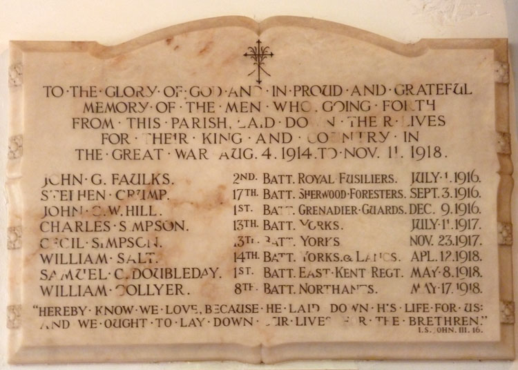 The War Memorial in St. Luke's Church, Hickling (Notts)