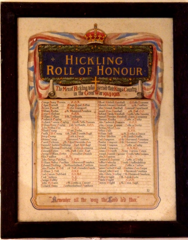 The Roll of Honour for the First World War in St. Luke's Church, Hickling (Notts)