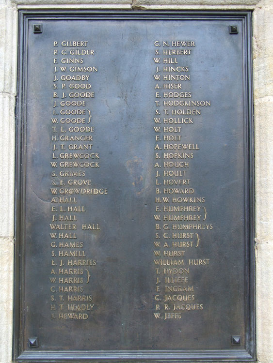 The names of L/Sjt Walter Goode and his brother Cpl Lance Goode on the War Memorial for Hinckley