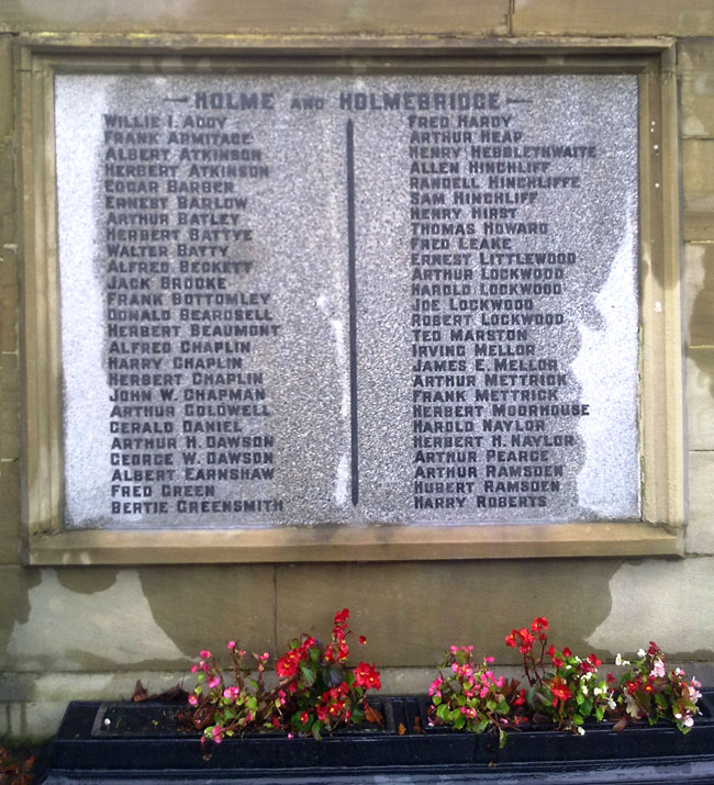 The name of Fred Hardy on the Holme Valley War Memorial