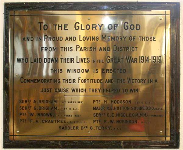 The Memorial Plaque in the Church of St. Mary, Hornby.