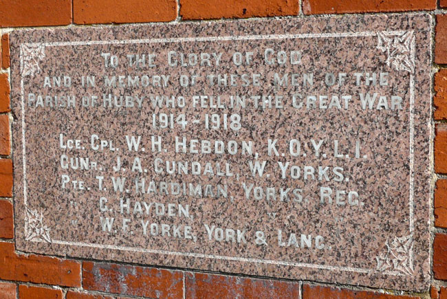 The War Memorial on the Methodist Chapel at Huby.