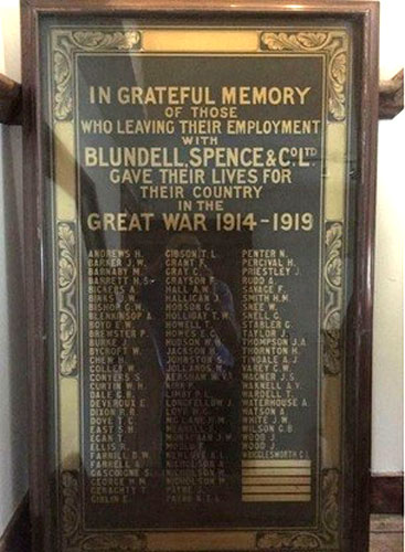 The First World War Memorial for Blundell, Spence & Co. Ltd of Hull