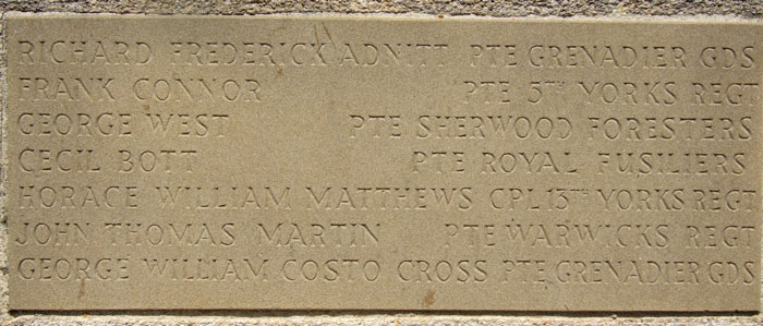 The names of Private Frank Connor and Corporal Matthews on the War Memorial for Husbands Bosworth