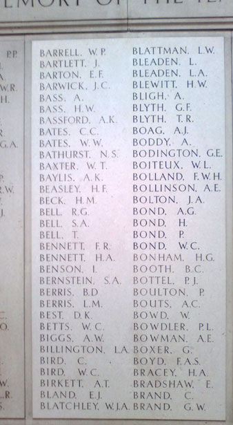 The names of L/Cpl Betts and Private Brand in the Ilford War Memorial Hall