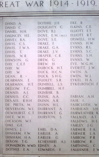 The names of Privates Dumbrill & Elkins in the Ilford War Memorial Hall