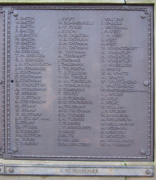 The panel with the names of Privates Smith, Turner and Wilson on the Ilkeston War Memorial.