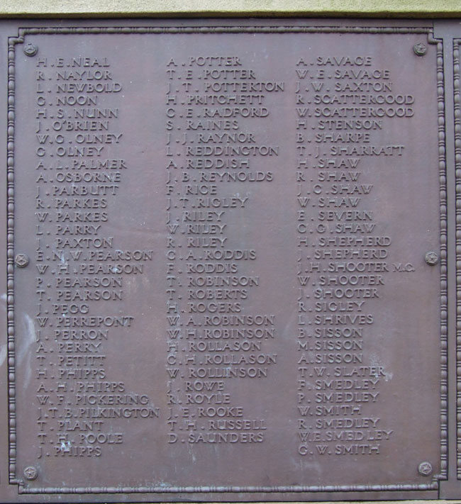 The panel with the names of Private E N W Pearson on the Ilkeston War Memorial.